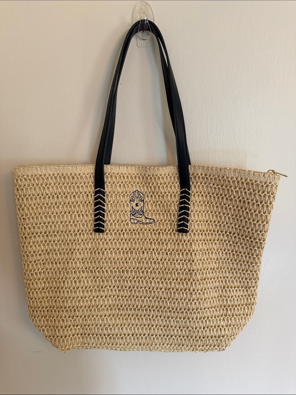 NEW Mark and Graham Stinson Straw medium zip tote bag w monogrammed cowboy boot